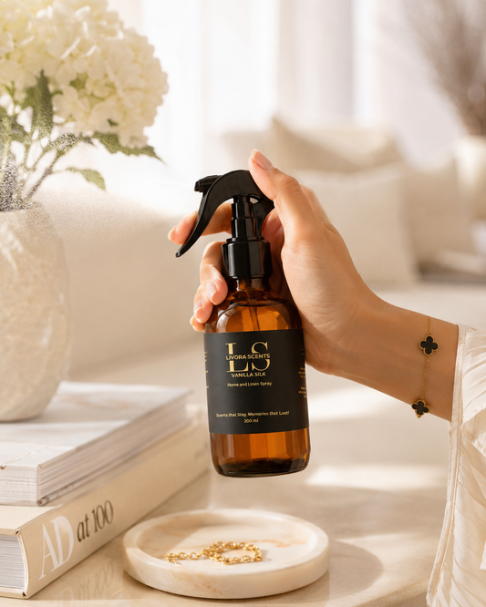 A hand holding a brown amber spray bottle with a black trigger sprayer and a black label that reads 'L.A.