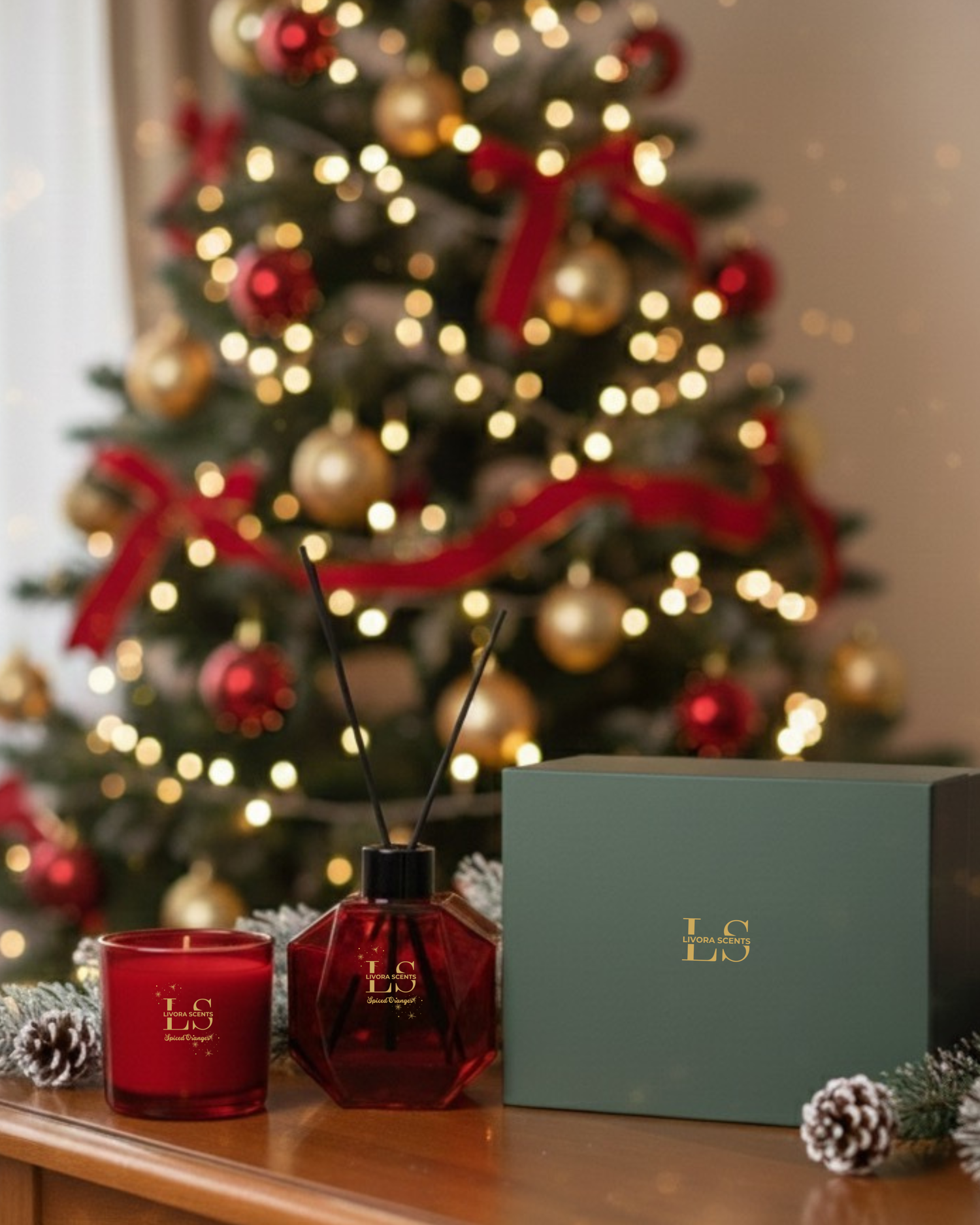 Red candle and diffuser with a green box in front of a decorated Christmas tree.